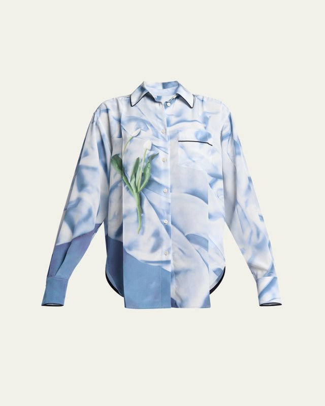 Printed Button Down Piping Detail Pajama Shirt